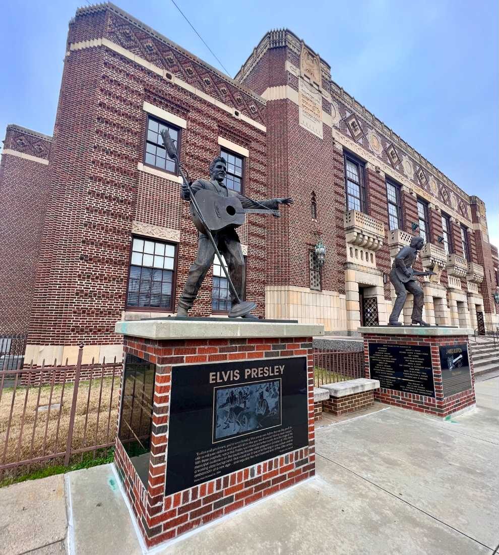 The iconic Elvis statue outside the Shreveport Municipal Auditorium, a must-visit landmark for music fans.